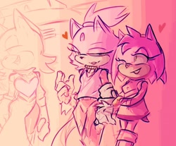 Size: 800x663 | Tagged: safe, artist:deimonday, amy rose, blaze the cat, rouge the bat, bat, cat, hedgehog, 2020, amy x blaze, cute, female, females only, hearts, holding arm, lesbian, one eye closed, shipping