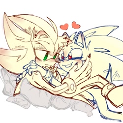 Size: 1280x1280 | Tagged: safe, artist:hernandez_arwen, shadow the hedgehog, sonic the hedgehog, 2024, alternate eye color, blushing, frown, gay, heart, holding each other, lidded eyes, looking at each other, lying down, pillow, shadow x sonic, shipping, simple background, smile, white background