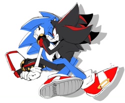 Size: 1103x915 | Tagged: safe, artist:ravine_ice45, shadow the hedgehog, sonic the hedgehog, 2024, duo, eyes closed, gay, hands on another's face, looking at them, shadow (lighting), shadow x sonic, shipping, signature, simple background, sitting, smile, white background