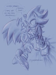 Size: 1536x2048 | Tagged: safe, artist:gunstellations, shadow the hedgehog, sonic the hedgehog, 2024, blue background, blushing, dialogue, duo, english text, gay, holding each other, lidded eyes, looking at each other, mid-air, monochrome, mouth open, shadow x sonic, shipping, signature, simple background, smile, speech bubble, talking