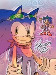 Size: 768x1024 | Tagged: safe, artist:weiirddudee, sonic the hedgehog, 2024, abstract background, bandana, character name, looking at viewer, smile, solo, standing, sunglasses