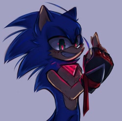 Size: 1377x1364 | Tagged: safe, artist:circuscoyote, sonic the hedgehog, sonic forces, 2024, alignment swap, alternate universe, fingerless gloves, lidded eyes, looking offscreen, phantom ruby, pointing, purple background, simple background, smile, solo, standing