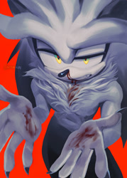 Size: 1071x1500 | Tagged: safe, artist:moonrin__, silver the hedgehog, bleeding, blood, claws, clenched teeth, gloves off, injured, lidded eyes, lineless, looking at viewer, looking up, looking up at viewer, nosebleed, red background, signature, simple background, solo, standing