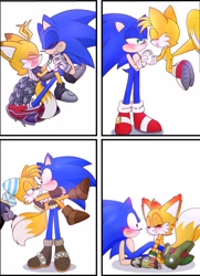 Size: 1486x2048 | Tagged: safe, artist:nekitogame67025, mangey, miles "tails" prower, nine, sails, sonic the hedgehog, sonic prime, 2024, blushing, carrying them, cute, flying, gay, group, holding hands, lidded eyes, looking at each other, looking at them, mangey x sonic, mouth open, nine x sonic, panels, sails x sonic, shipping, simple background, smile, sonails, songey, sonic x tails, spinning tails, tailabetes, white background