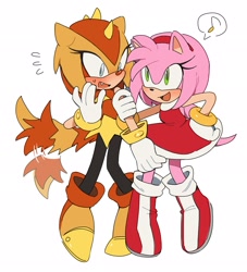 Size: 1861x2048 | Tagged: safe, artist:roastedgarlics2, amy rose, trip the sungazer, 2024, blushing, duo, holding another's arm, lesbian, looking at each other, mouth open, musical note, one fang, shipping, simple background, smile, standing, sweatdrop, tripamy, wagging tail, white background