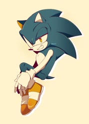 Size: 1463x2048 | Tagged: safe, artist:kou_sonic, sonic the hedgehog, 2024, alternate eye color, alternate shoes, clenched teeth, cream background, lidded eyes, looking at viewer, simple background, sitting, smile, solo, yellow eyes, yellow shoes
