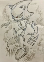 Size: 1434x2005 | Tagged: safe, artist:manaita, metal sonic, flying, line art, looking offscreen, robot, signature, solo, traditional media