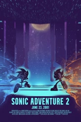 Size: 629x951 | Tagged: safe, artist:dredgeth, shadow the hedgehog, sonic the hedgehog, sonic adventure 2, 2024, abstract background, duo, english text, poster, running, skating