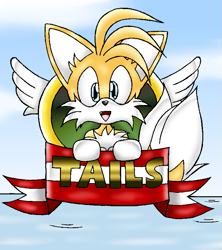 Size: 711x800 | Tagged: safe, artist:dragonquesthero, miles "tails" prower, 2010, abstract background, character name, clouds, cute, ear fluff, looking at viewer, mouth open, one fang, smile, tailabetes, title screen, water