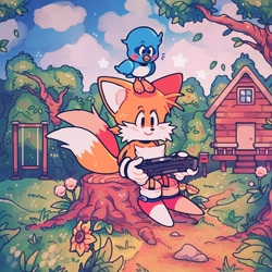 Size: 700x700 | Tagged: safe, artist:seeminglygood, flicky, miles "tails" prower, abstract background, clouds, cute, daytime, duo, flickybetes, flower, gamegear, grass, holding something, house, leaf, mailbox, outdoors, rock, sitting, smile, standing on them, star (symbol), stump, sunflower, swing, tailabetes, tails adventure, tree, tulip, video game console