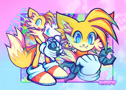Size: 2267x1625 | Tagged: safe, artist:ressy, miles "tails" prower, 2024, abstract background, bomb, cute, holding something, looking at viewer, mouth open, one fang, signature, smile, solo, standing, tailabetes, tails adventure, wrench