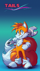 Size: 1440x2560 | Tagged: safe, artist:vladimirjazz, miles "tails" prower, 2022, arm fluff, character name, clenched teeth, gradient background, holding something, leg fluff, looking at viewer, smile, solo, standing, wrench