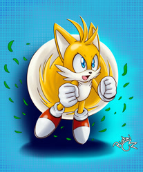 Size: 1600x1931 | Tagged: safe, artist:riotaiprower, miles "tails" prower, 2022, clenched fists, clenched teeth, gradient background, grass, looking ahead, looking offscreen, mouth open, signature, smile, solo, spinning tails