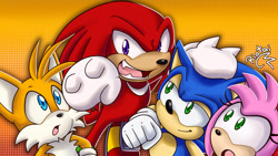 Size: 1920x1080 | Tagged: safe, artist:riotaiprower, amy rose, knuckles the echidna, miles "tails" prower, sonic the hedgehog, sonic origins, 2022, gradient background, group, hand on another's head, looking at them, looking at viewer, mouth open, redraw, signature, smile