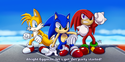 Size: 4000x2000 | Tagged: safe, artist:riotaiprower, knuckles the echidna, miles "tails" prower, sonic the hedgehog, 31 days sonic, sonic heroes, 2022, abstract background, clouds, dialogue, egg fleet, english text, redraw, signature, team sonic