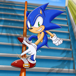 Size: 1920x1920 | Tagged: safe, artist:riotaiprower, sonic the hedgehog, city escape, sonic adventure 2, 2021, abstract background, daytime, looking at viewer, outdoors, rail grinding, signature, smile, solo, stairs