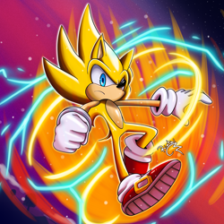 Size: 2500x2500 | Tagged: safe, artist:riotaiprower, sonic the hedgehog, super sonic 2, sonic frontiers, 2023, abstract background, flying, frown, looking offscreen, signature, super form