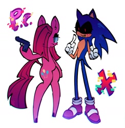 Size: 1605x1644 | Tagged: safe, artist:realsugarlord, oc, oc:sonic.exe, 2011, black sclera, bleeding, bleeding from eyes, blood, crossover, duo, earth pony, frown, gun, hair over one eye, holding something, looking at viewer, my little pony, pinkamena diane pie, pinkie pie, pointing, pony, simple background, smile, standing, white background