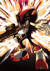 Size: 595x842 | Tagged: safe, artist:rummycoffee, shadow the hedgehog, 2020, abstract background, bazooka, clenched teeth, explosion, holding something, looking at viewer, redraw, shadow the hedgehog (video game), solo, standing