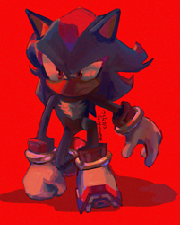 Size: 1101x1368 | Tagged: safe, artist:shootyrefutey, shadow the hedgehog, 2021, eyestrain, frown, looking ahead, looking offscreen, posing, red background, redraw, shadow (lighting), shadow the hedgehog (video game), signature, simple background, solo