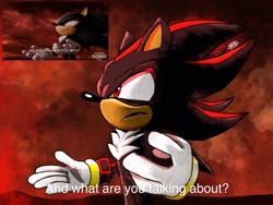 Size: 2048x1536 | Tagged: safe, artist:silvergravity87, shadow the hedgehog, dialogue, english text, frown, looking offscreen, redraw, reference inset, shadow the hedgehog (video game), signature, solo, standing