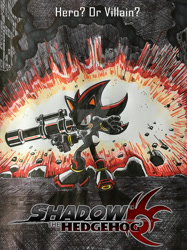 Size: 1280x1707 | Tagged: safe, artist:manicsam, shadow the hedgehog, 2023, abstract background, bazooka, clenched teeth, deviantart watermark, english text, explosion, holding something, looking at viewer, redraw, shadow the hedgehog (video game), solo, standing, traditional media, watermark