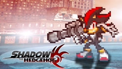 Size: 2560x1440 | Tagged: safe, artist:skcollabs, shadow the hedgehog, 2020, abstract background, bazooka, holding something, looking at viewer, pixel art, remake, shadow the hedgehog (video game), solo, sprite