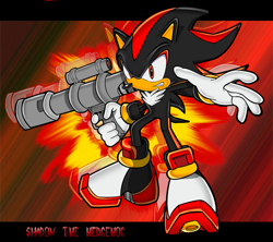 Size: 1013x900 | Tagged: safe, artist:shockrabbit, shadow the hedgehog, 2005, abstract background, bazooka, character name, clenched teeth, explosion, holding something, redraw, shadow the hedgehog (video game), solo, standing, uekawa style