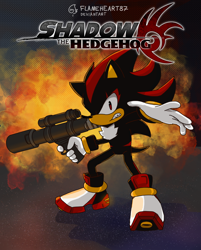 Size: 1064x1324 | Tagged: safe, artist:flameheart87, shadow the hedgehog, 2023, abstract background, bazooka, clenched teeth, explosion, frown, holding something, looking at viewer, redraw, shadow the hedgehog (video game), signature, solo, standing