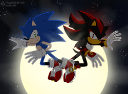 Size: 1524x1124 | Tagged: safe, artist:flameheart87, shadow the hedgehog, sonic the hedgehog, sonic adventure 2, 2024, abstract background, duo, frown, looking at viewer, mid-air, moon, nighttime, outdoors, redraw, signature, smile, star (sky)