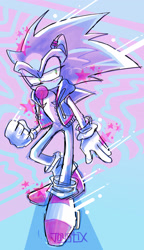 Size: 1182x2048 | Tagged: safe, artist:haunted-joystix, sonic the hedgehog, abstract background, bubble, bubblegum, clothes, ear piercing, earring, jacket, lidded eyes, looking offscreen, signature, solo, standing, star (symbol), top surgery scars, trans male, transgender