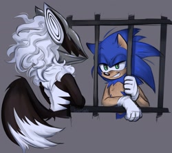 Size: 1871x1664 | Tagged: safe, artist:circuscoyote, infinite the jackal, sonic the hedgehog, 2024, alternate universe, arms folded, bars, duo, grey background, looking at each other, simple background, smile, standing, top surgery scars, trans male, transgender