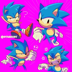 Size: 2000x2000 | Tagged: safe, artist:stardust_sth, sonic the hedgehog, 2024, angry, classic sonic, cross popping vein, frown, lidded eyes, purple background, question mark, signature, simple background, skull, solo, squinting, standing, wheat