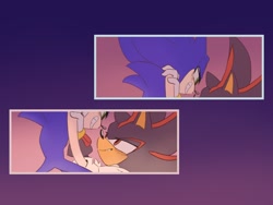 Size: 1024x768 | Tagged: safe, artist:shad_qk, shadow the hedgehog, sonic the hedgehog, 2024, duo, gay, gradient background, holding each other, lidded eyes, looking at each other, shadow x sonic, shipping, smile