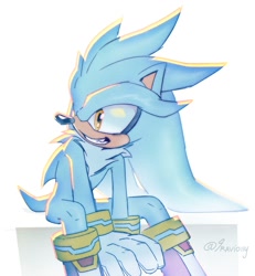 Size: 1384x1500 | Tagged: safe, artist:9raviolly, silver the hedgehog, 2024, looking offscreen, simple background, sitting, smile, solo, white background