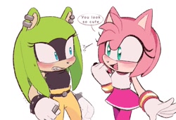 Size: 1460x996 | Tagged: safe, artist:sonicnewunivers, amy rose, surge the tenrec, 2024, amybetes, blushing, cute, dialogue, duo, english text, flustered, lesbian, looking at each other, riders outfit, shipping, simple background, smile, speech bubble, standing, surgabetes, surgamy, sweatdrop, white background