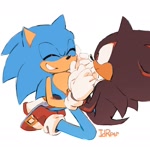 Size: 1121x1102 | Tagged: safe, artist:indoraptor72600, shadow the hedgehog, sonic the hedgehog, 2024, cute, duo, eyes closed, frown, gay, kneeling, looking at them, shadow x sonic, shipping, signature, simple background, sitting, sitting on them, smile, sonabetes, white background