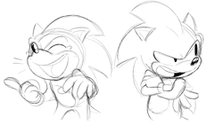 Size: 2048x1152 | Tagged: safe, artist:justin61894350, sonic the hedgehog, adventures of sonic the hedgehog, 2024, arms folded, eyes closed, laughing, line art, looking offscreen, mouth open, simple background, sketch, solo, standing, white background