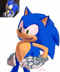 Size: 1721x2048 | Tagged: safe, artist:indoraptor72600, sonic the hedgehog, sonic prime, 2024, hands on hips, looking offscreen, mouth open, redraw, reference inset, signature, simple background, smile, solo, standing, white background