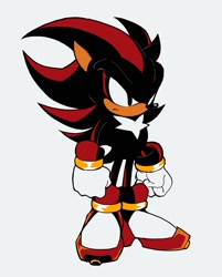 Size: 1241x1543 | Tagged: safe, artist:marcuslarry627, shadow the hedgehog, 2024, classic shadow, clenched fists, frown, grey background, looking offscreen, simple background, solo, standing