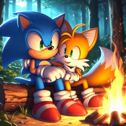 Size: 1024x1024 | Tagged: safe, ai art, miles "tails" prower, sonic the hedgehog, 2024, abstract background, campfire, cuddling, duo, fire, forest, grass, log, outdoors, prompter:swiftfurai, sitting, smile, tree