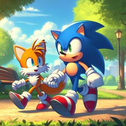 Size: 1024x1024 | Tagged: safe, ai art, miles "tails" prower, sonic the hedgehog, 2024, abstract background, bench, clouds, daytime, duo, gay, holding hands, mouth open, outdoors, park, prompter:swiftfurai, shipping, smile, sonic x tails, tree, walking