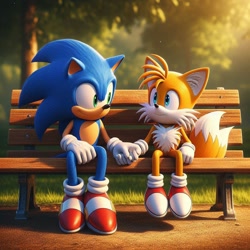 Size: 1024x1024 | Tagged: safe, ai art, miles "tails" prower, sonic the hedgehog, 2024, abstract background, bench, daytime, duo, gay, grass, holding hands, looking at each other, outdoors, prompter:swiftfurai, shipping, sitting, smile, sonic x tails, sun