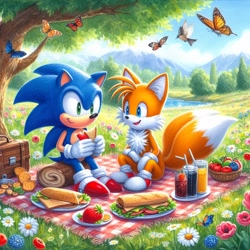 Size: 1024x1024 | Tagged: safe, ai art, miles "tails" prower, sonic the hedgehog, 2024, abstract background, apple, blanket, bug, butterfly, cookie, daisy (flower), daytime, drink, duo, flower, food, fruit, grass, holding something, literal animal, mountain, outdoors, picnic, plate, prompter:swiftfurai, sandwich, sitting, smile, strawberry, suitcase, tree