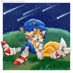 Size: 1080x1080 | Tagged: safe, artist:scarrocio93, miles "tails" prower, sonic the hedgehog, 2024, arm around shoulders, blushing, blushing ears, bush, daytime, duo, ear piercing, earring, gay, grass, lidded eyes, looking away, looking up, nighttime, outdoors, shipping, shooting star, sitting, smile, sonic boom (tv), sonic x tails, star (sky)