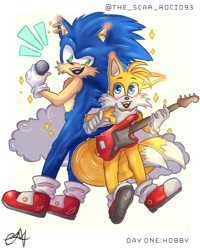 Size: 1080x1350 | Tagged: safe, artist:scarrocio93, miles "tails" prower, sonic the hedgehog, 2024, blushing, blushing ears, duo, ear piercing, earring, fluffy, gay, guitar, holding something, looking at each other, microphone, mouth open, outline, shipping, signature, simple background, singing, smile, smoke, sonic x tails, sparkles, standing, white background