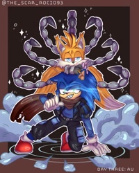 Size: 1080x1350 | Tagged: safe, artist:scarrocio93, miles "tails" prower, nine, sonic the hedgehog, sonic prime, 2024, alternate universe, border, brown background, clothes, dust clouds, lidded eyes, looking at viewer, outline, raised eyebrow, scarf, simple background, smile, sparkles