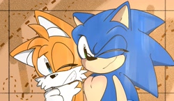 Size: 1529x887 | Tagged: safe, artist:spinelxsteven, miles "tails" prower, sonic the hedgehog, 2024, abstract background, arm around shoulders, cute, duo, gay, looking at each other, shipping, smile, sonic x tails, standing, wink