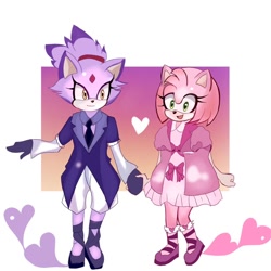Size: 1080x1080 | Tagged: safe, artist:leyheartsmiku, amy rose, blaze the cat, cat, hedgehog, 2024, amy x blaze, cute, female, females only, hearts, holding hands, lesbian, shipping, smile