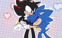 Size: 1836x1117 | Tagged: safe, artist:spinelxsteven, shadow the hedgehog, sonic the hedgehog, abstract background, blushing, duo, eyes closed, frown, gay, heart, hugging, mouth open, outline, shadow x sonic, shipping, signature, standing